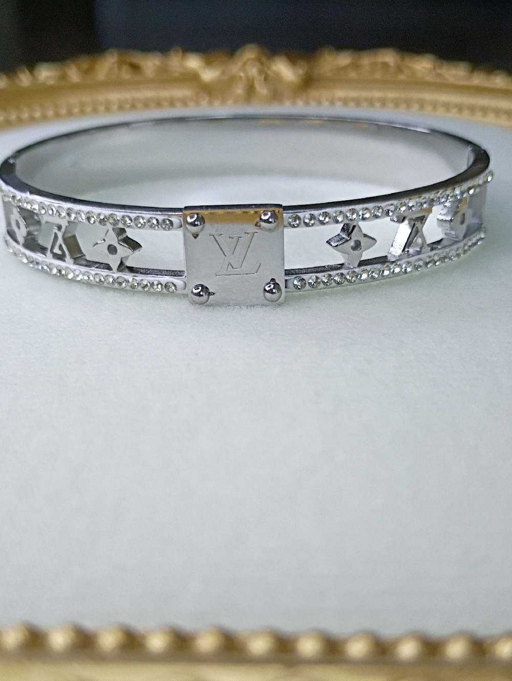 New Fashion Jewelry Silver Monogram Cutout Crystal-Trim Bangle